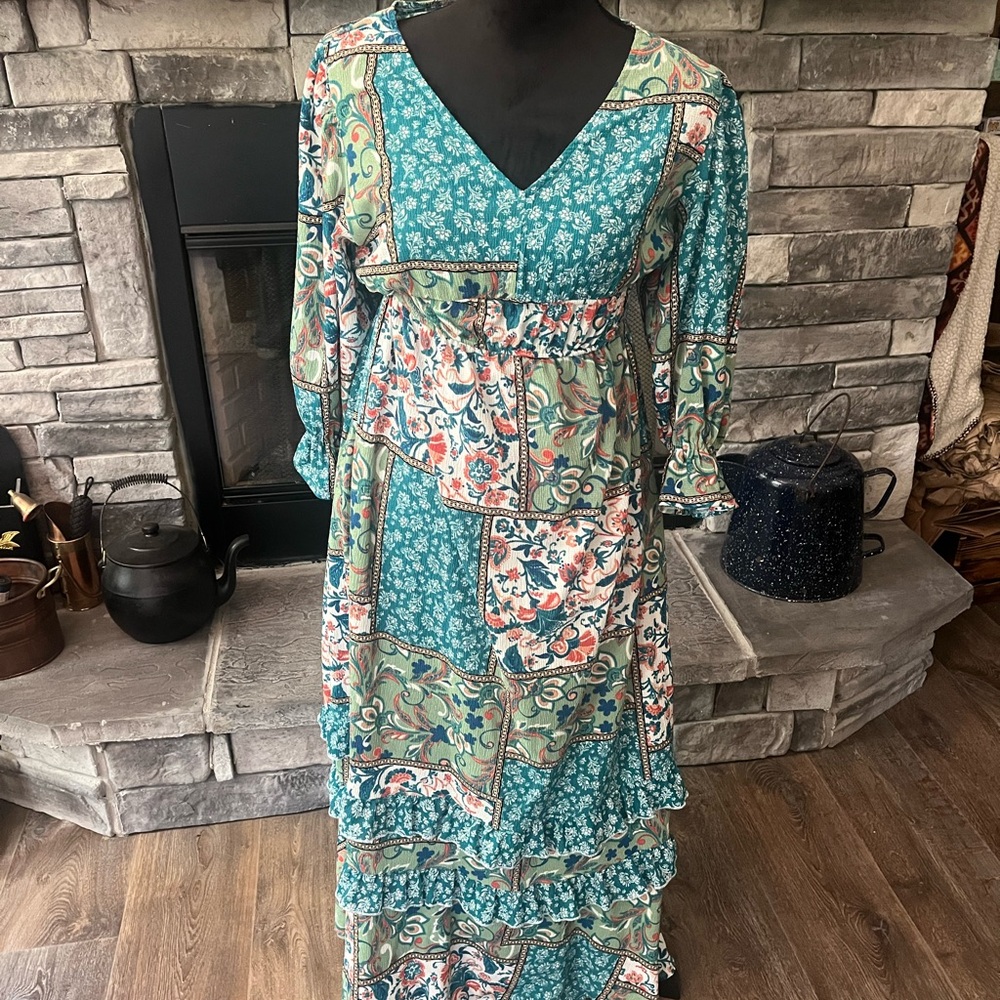 Cato Blue and White V-Neck Sundress with Bishop Sleeves
